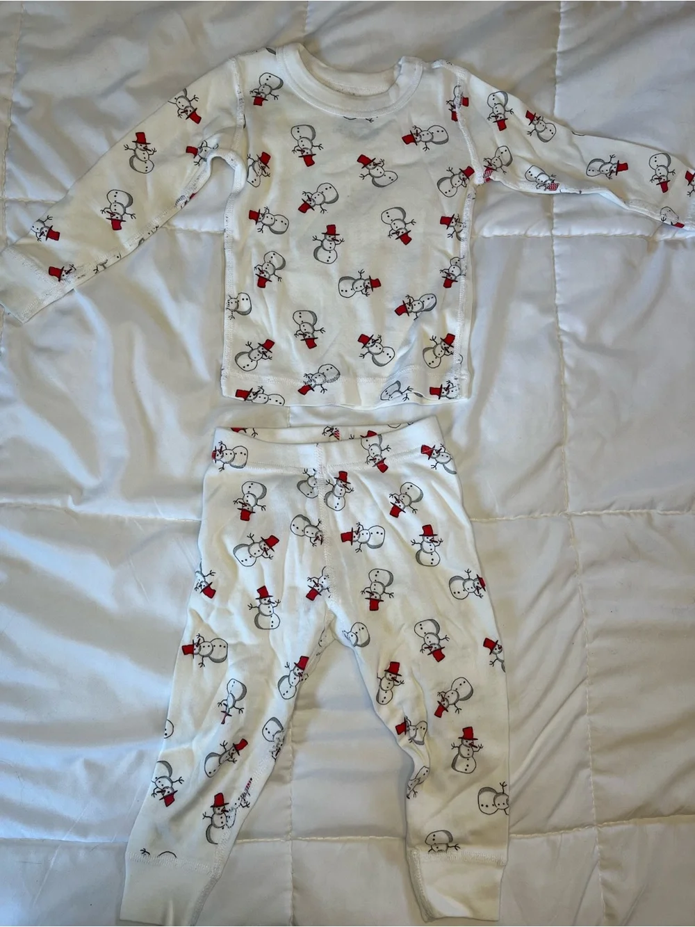 White Snowman Print Kids Pajama Set - Long Sleeve Top & Pants